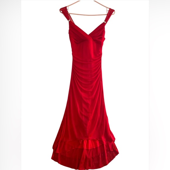 Red Ruched Ruffled High Low Gown - Picture 1 of 6